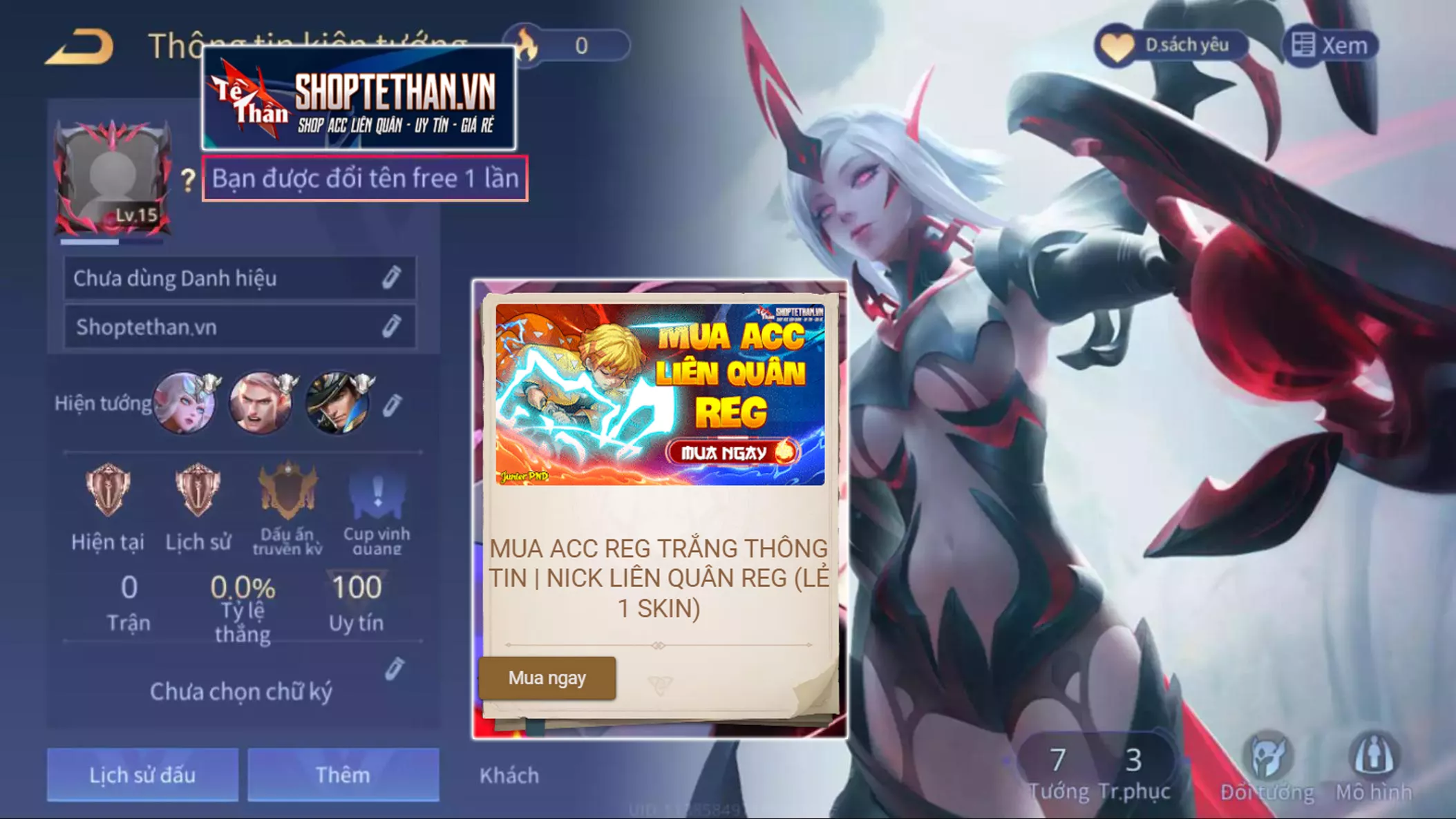 ACC REG: Violet huyết ma thần, sẵn tướng, free đổi tên, trắng thông tin